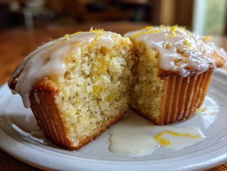 Close-up of Glazed Lemon Poppy Seed Muffins cut open, showing moist interior and dripping lemon glaze.