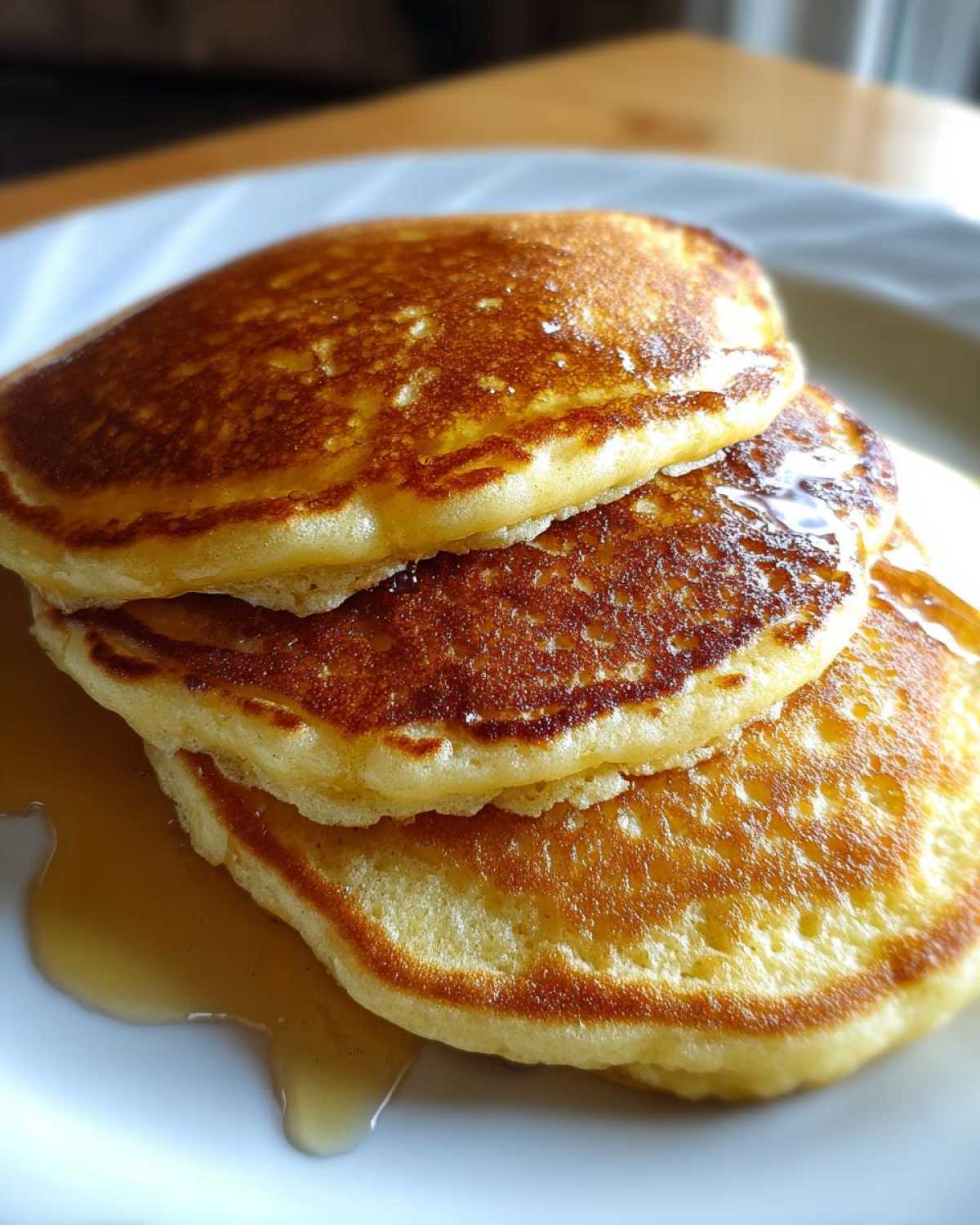 Close-up of a stack of three fluffy Gluten-Free Buttermilk Pancakes drizzled with syrup.