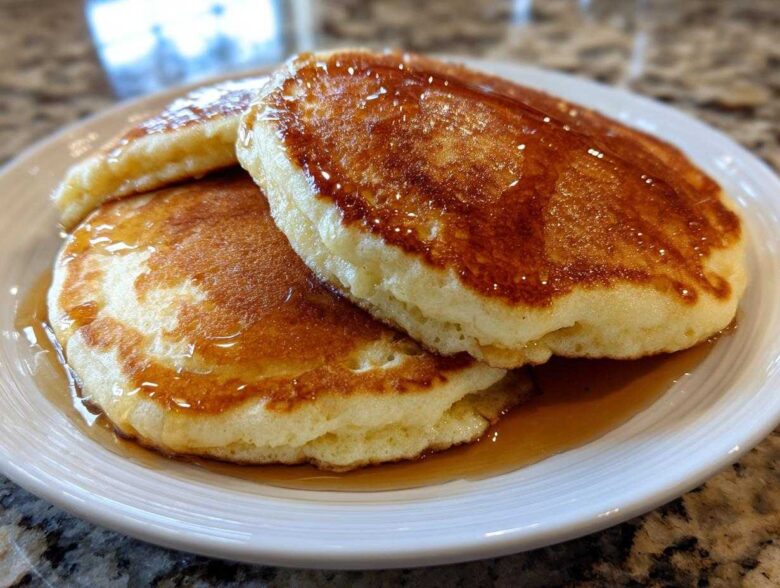 Close-up of three fluffy Gluten-Free Buttermilk Pancakes stacked and drizzled generously with golden syrup.