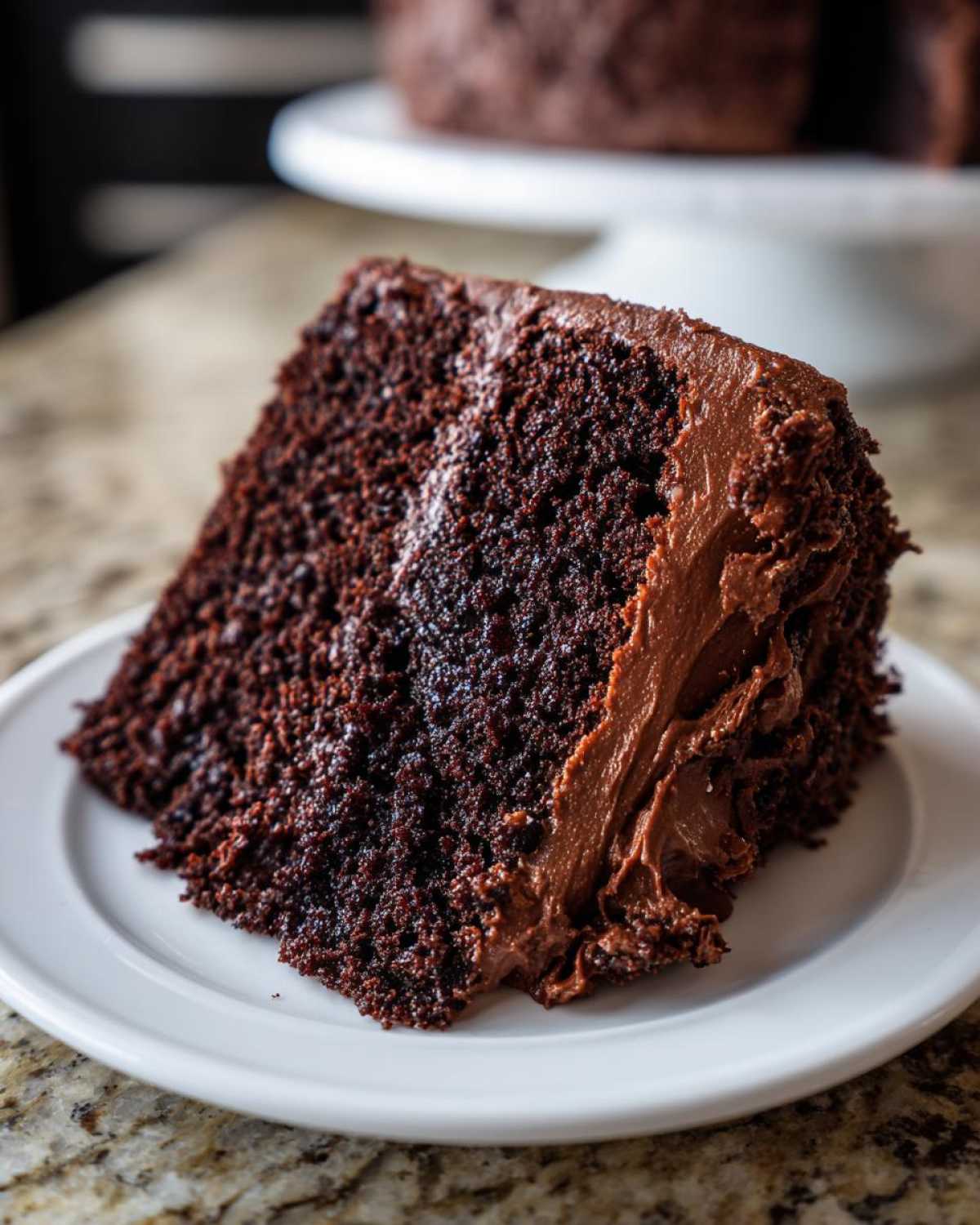 A rich, dark slice of Gluten-Free Chocolate Cake with thick chocolate frosting on a white plate.