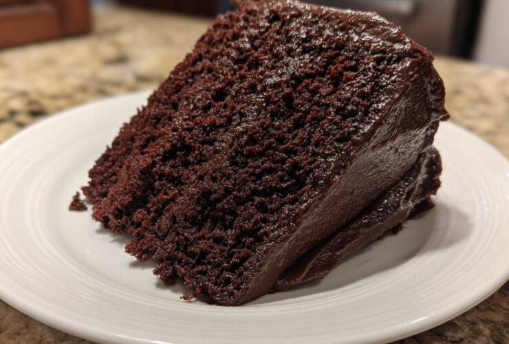A close-up of a rich, dark slice of Gluten-Free Chocolate Cake covered in thick chocolate frosting on a white plate.