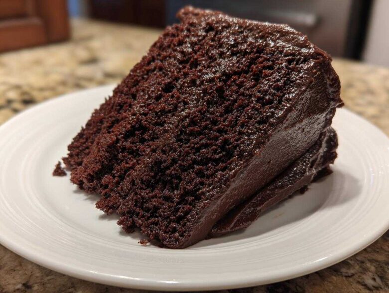 A close-up of a rich, dark slice of Gluten-Free Chocolate Cake covered in thick chocolate frosting on a white plate.