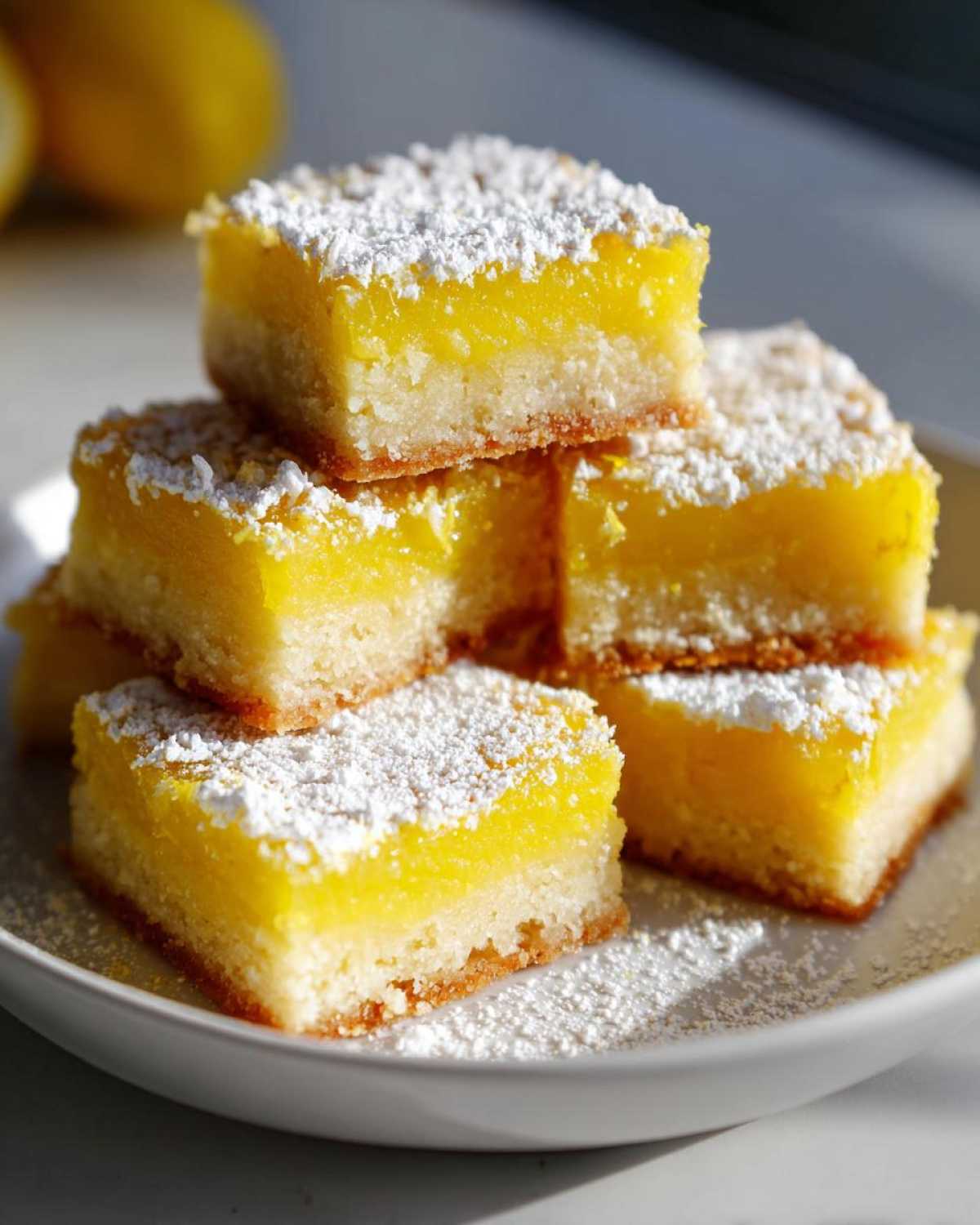 Stack of bright yellow Gluten-Free Lemon Bars with shortbread crust dusted heavily with powdered sugar.