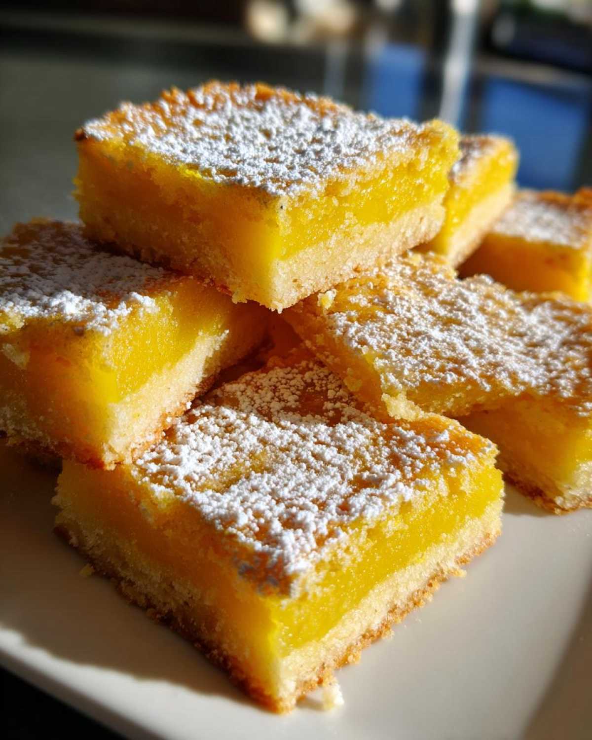 A stack of bright yellow Gluten-Free Lemon Bars with a shortbread crust, dusted with powdered sugar.