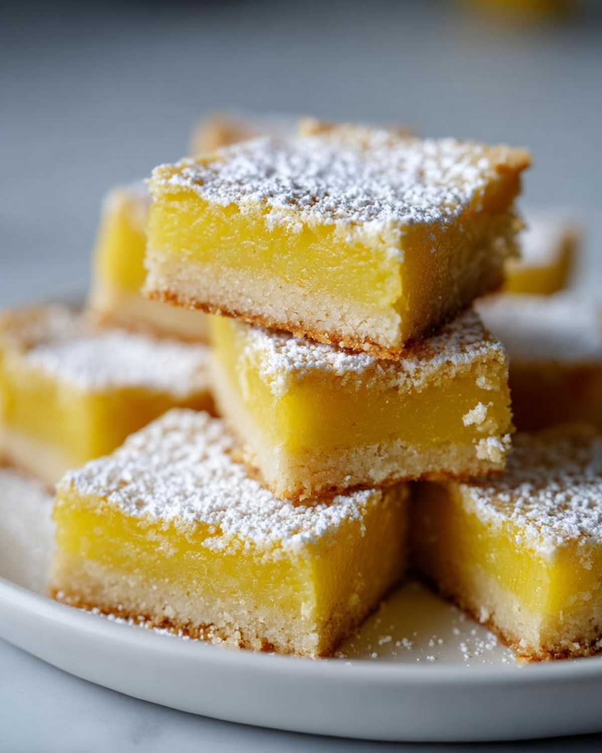 Stack of bright yellow Gluten-Free Lemon Bars with shortbread crust, dusted with powdered sugar.