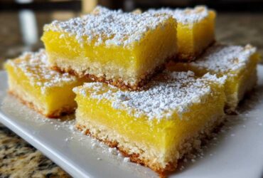 Close-up of several Gluten-Free Lemon Bars with Shortbread Crust dusted heavily with powdered sugar on a white plate.