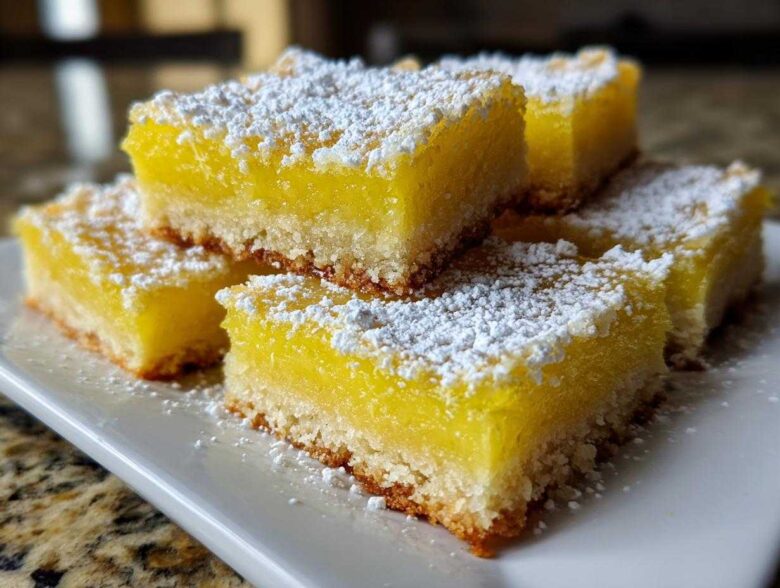 Close-up of several Gluten-Free Lemon Bars with Shortbread Crust dusted heavily with powdered sugar on a white plate.