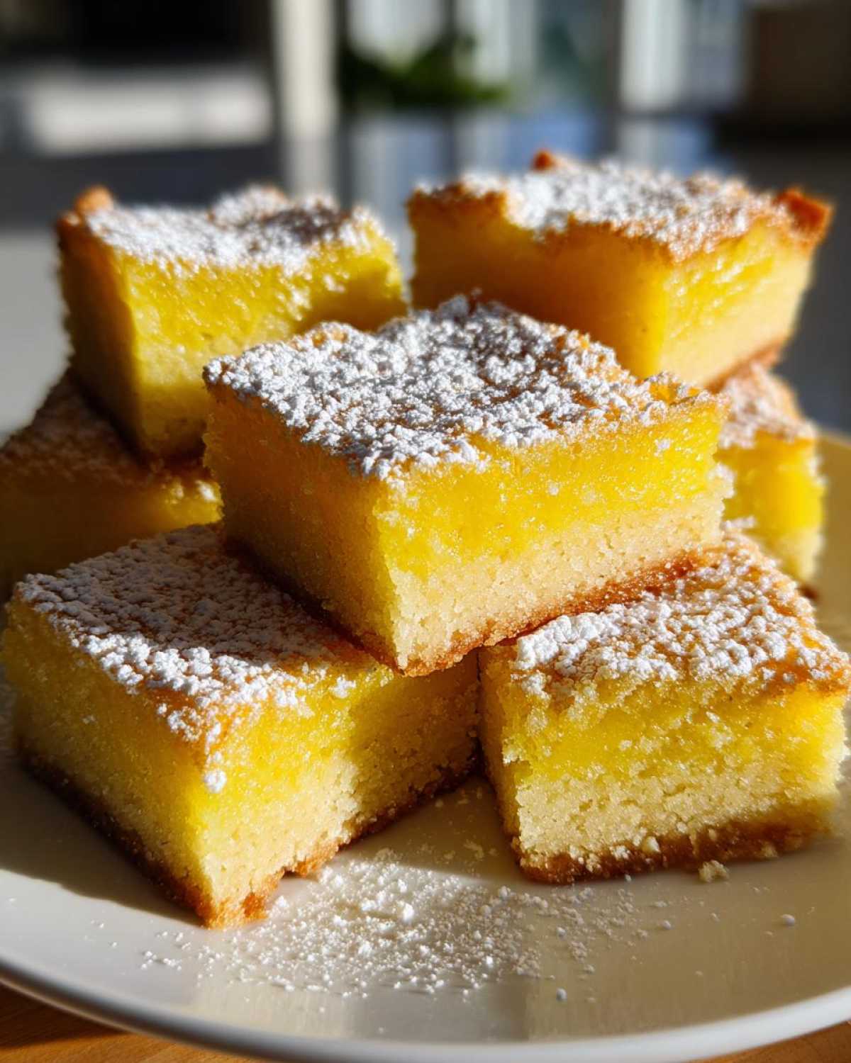 A stack of bright yellow Gluten-Free Lemon Bars with shortbread crust, dusted generously with powdered sugar.