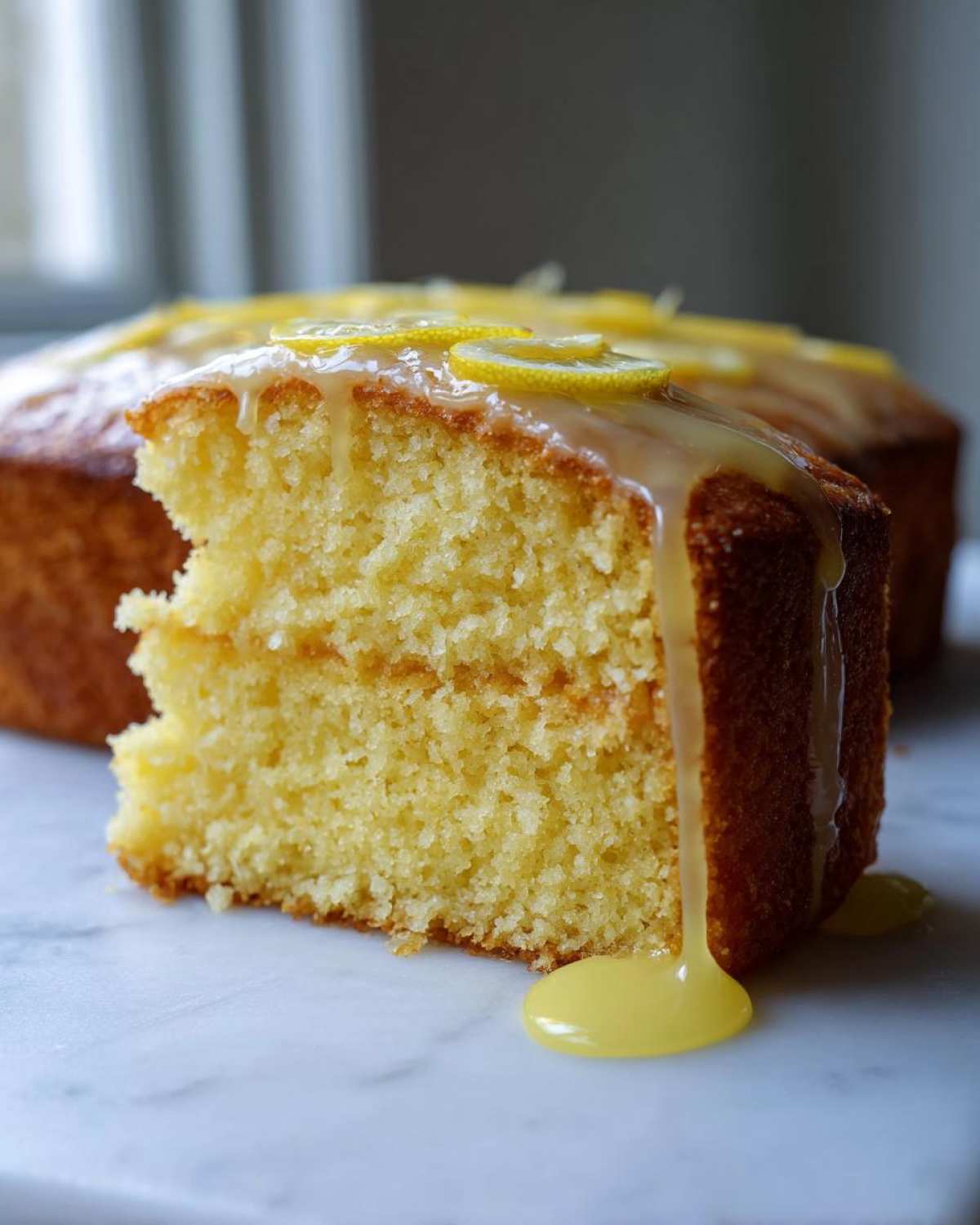 Close-up of a moist slice of Gluten-Free Lemon Coconut Cake drizzled with lemon glaze and topped with lemon slices.