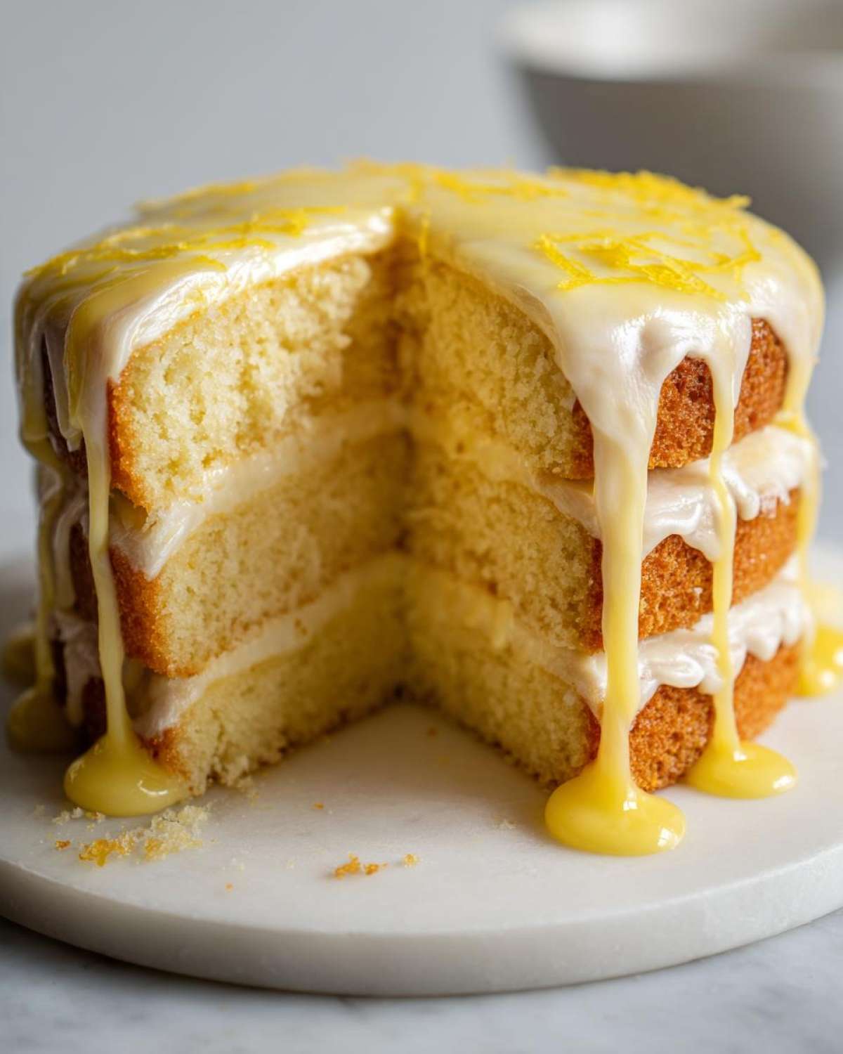 A cross-section view of a layered Gluten-Free Lemon Coconut Cake dripping with lemon glaze and zest.