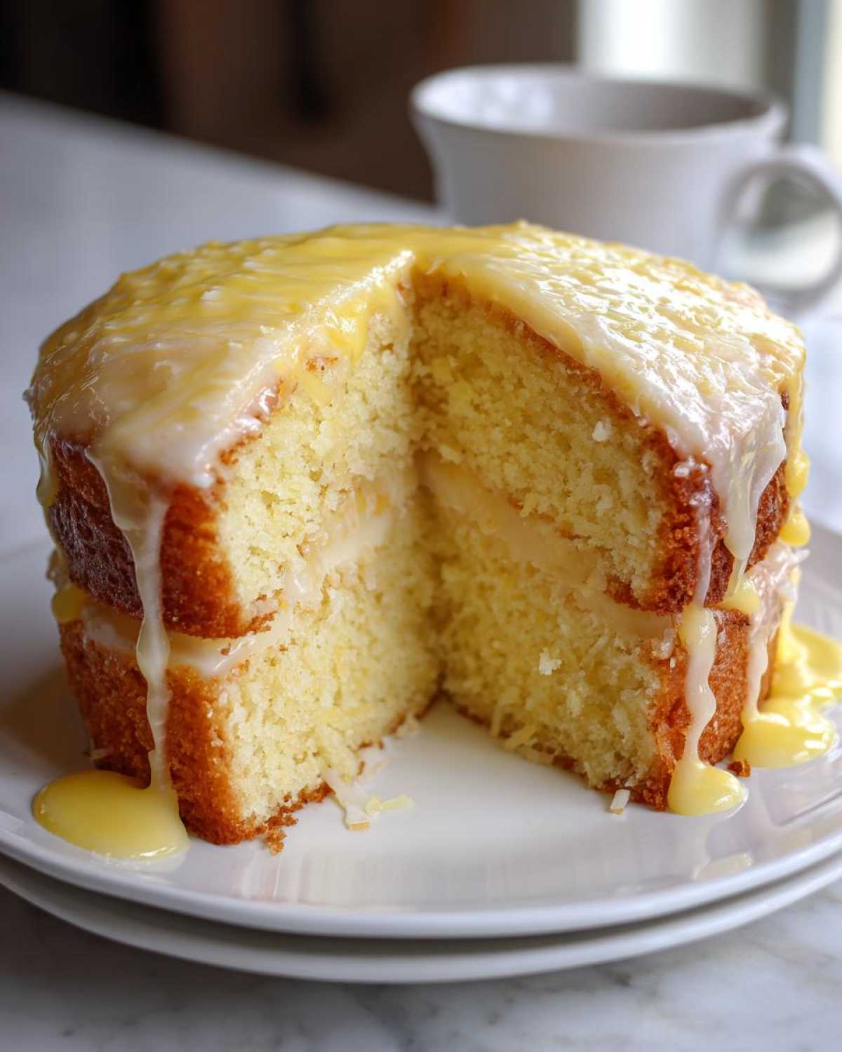A slice removed from a layered Gluten-Free Lemon Coconut Cake, showing moist crumb and thick lemon glaze dripping down.