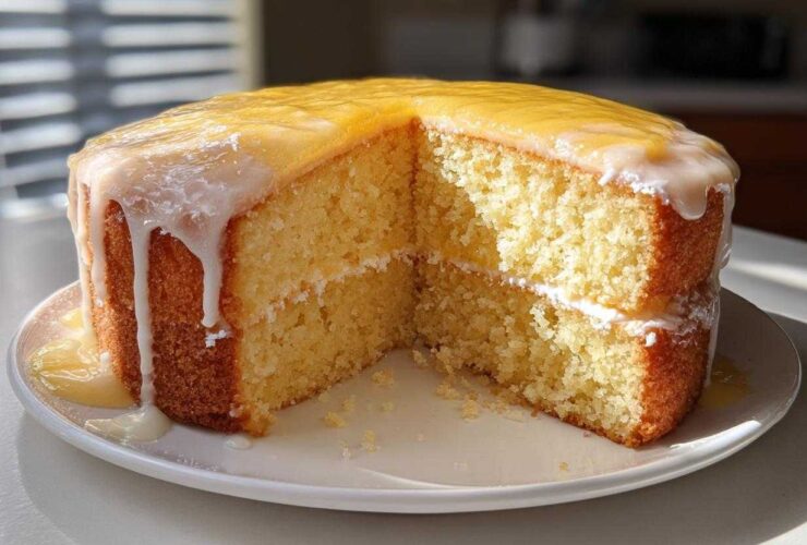 A two-layer Gluten-Free Lemon Coconut Cake with a slice removed, showing a thick lemon glaze and white frosting.