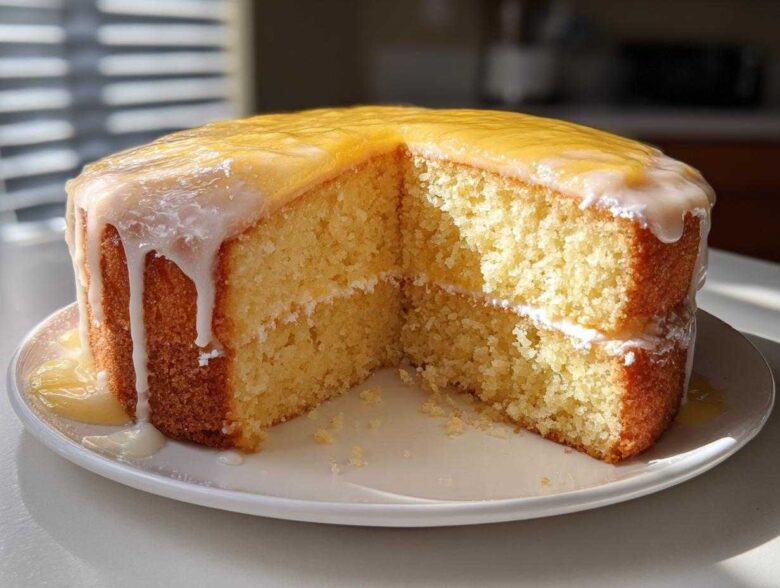 A two-layer Gluten-Free Lemon Coconut Cake with a slice removed, showing a thick lemon glaze and white frosting.