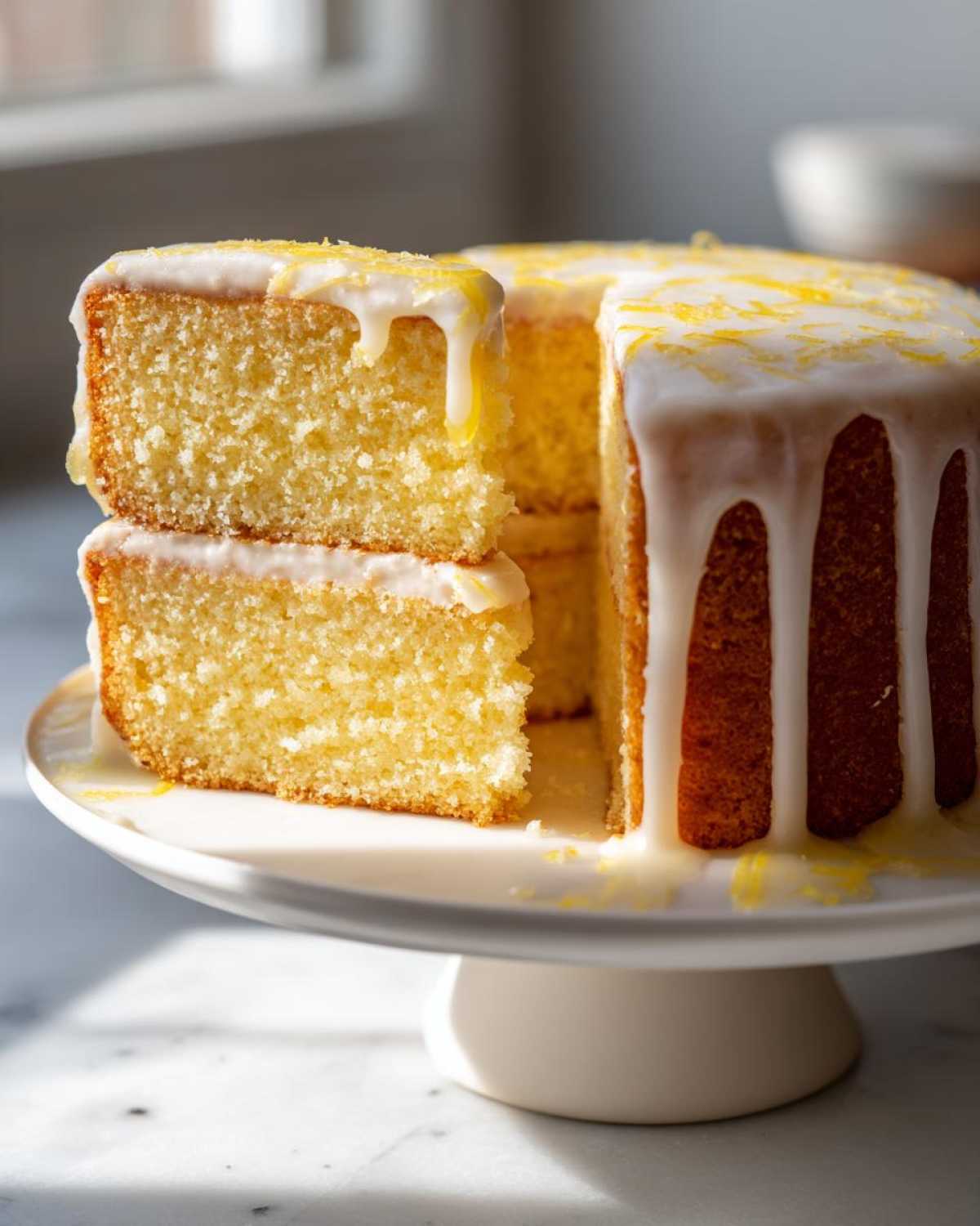 A moist slice of Gluten-Free Lemon Coconut Cake stacked next to the main cake, covered in white lemon glaze and zest.