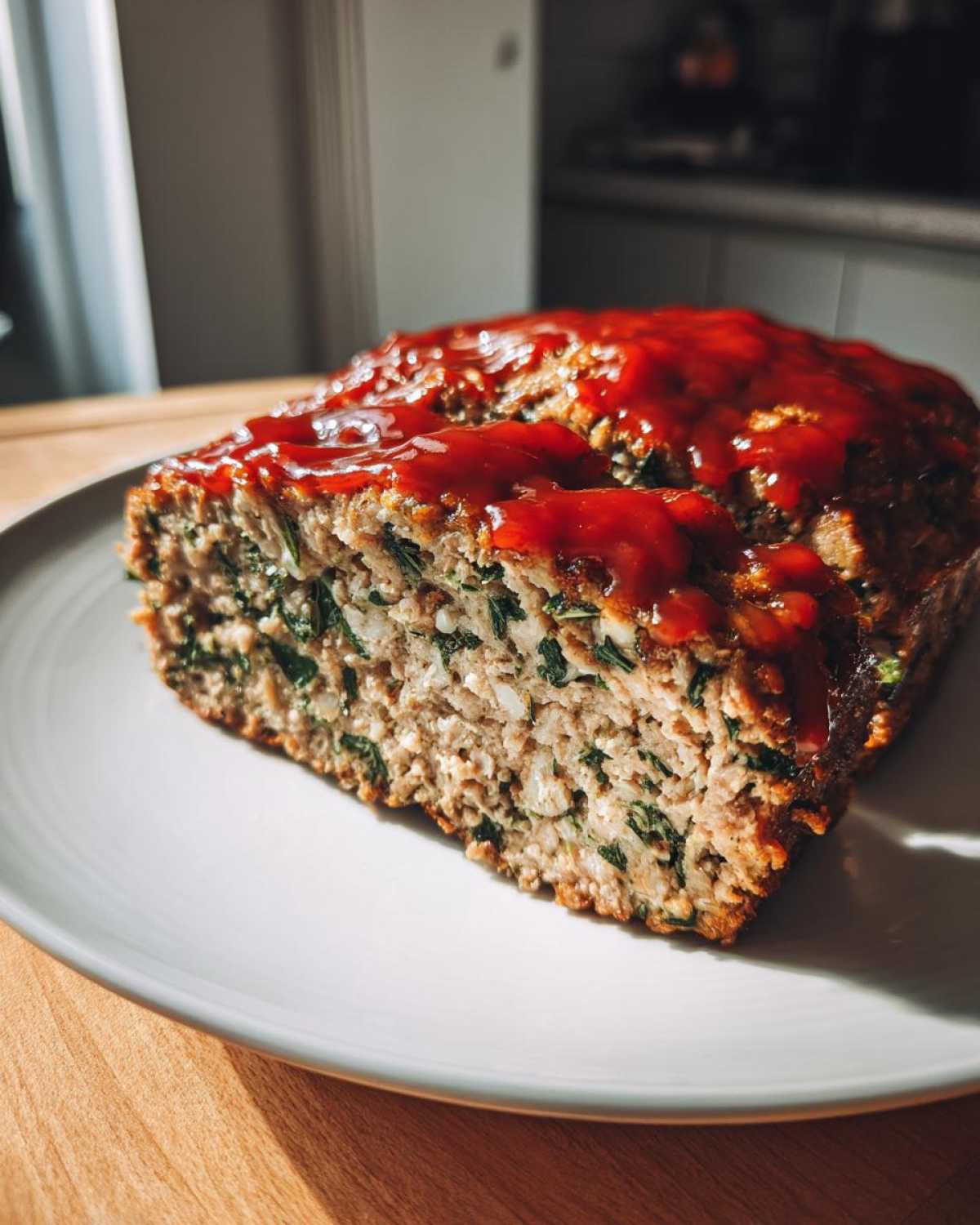 Close-up of a slice of Healthy Turkey Spinach Meatloaf topped with a bright red glaze on a white plate.