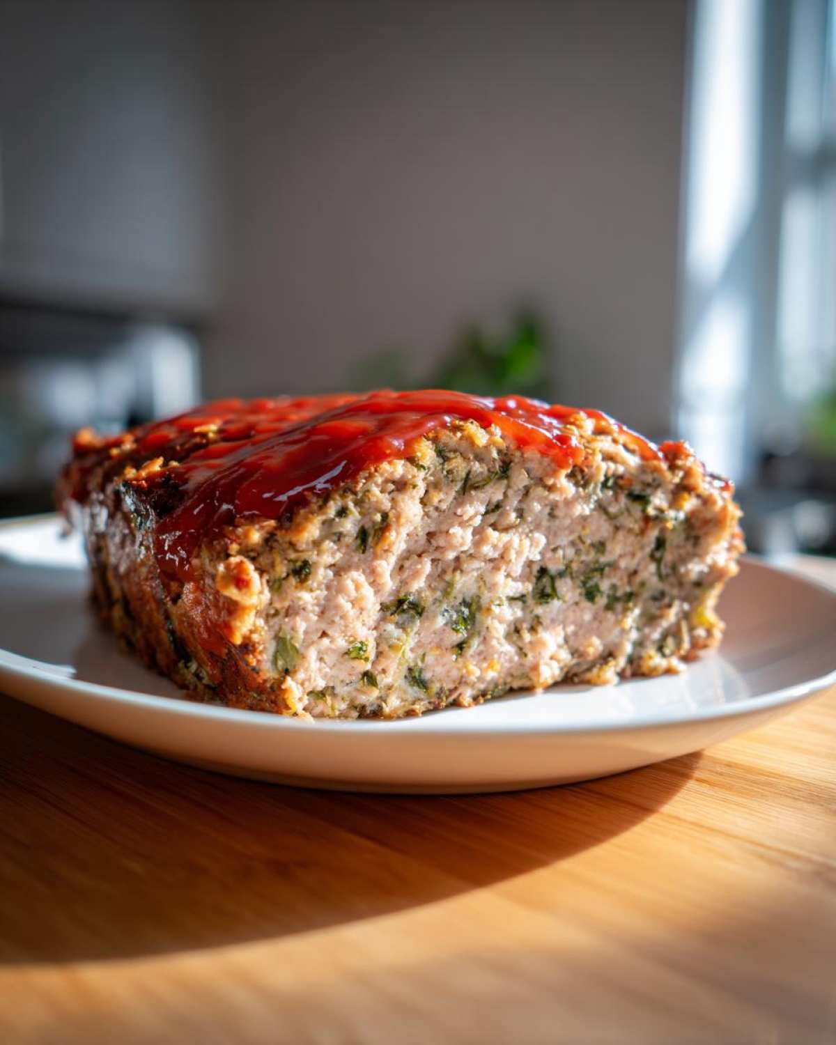 Cross-section view of a moist Healthy Turkey Spinach Meatloaf topped with a thick layer of ketchup glaze.