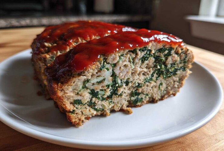 Cross-section of a Healthy Turkey Spinach Meatloaf topped with a red glaze, showing visible spinach pieces.
