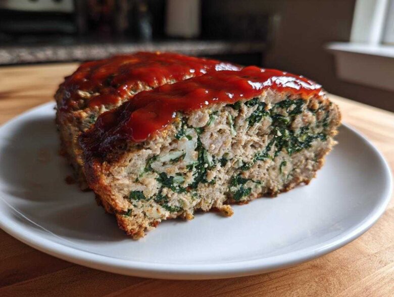 Cross-section of a Healthy Turkey Spinach Meatloaf topped with a red glaze, showing visible spinach pieces.