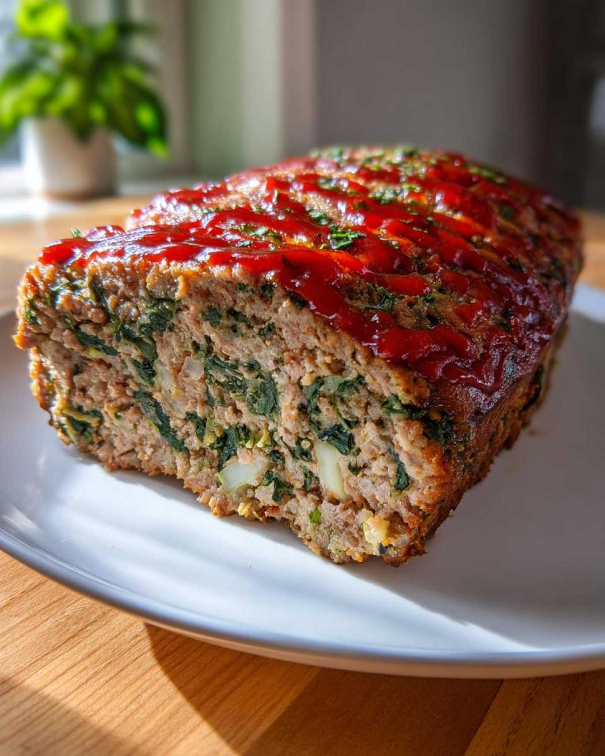 A whole Healthy Turkey Spinach Meatloaf loaf on a white plate, topped with a red ketchup glaze and herbs.