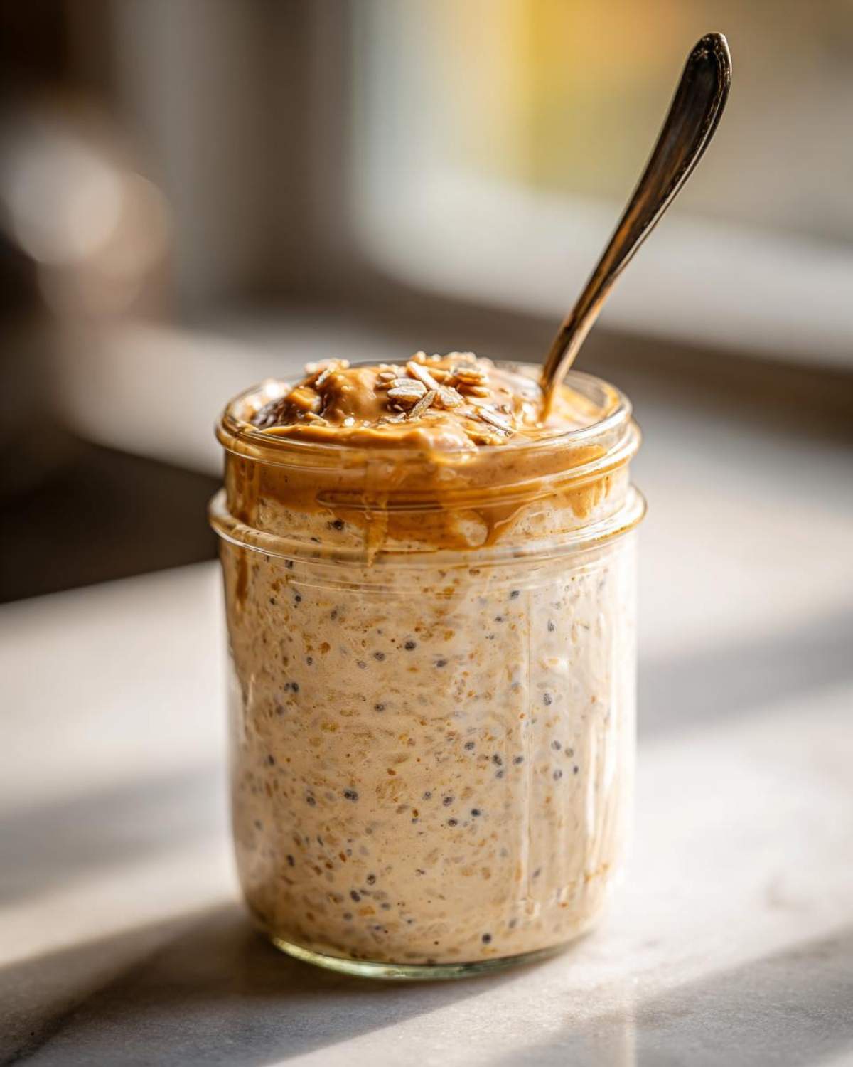 A glass jar filled with creamy High-Protein Peanut Butter Overnight Oats, topped with peanut butter and seeds.