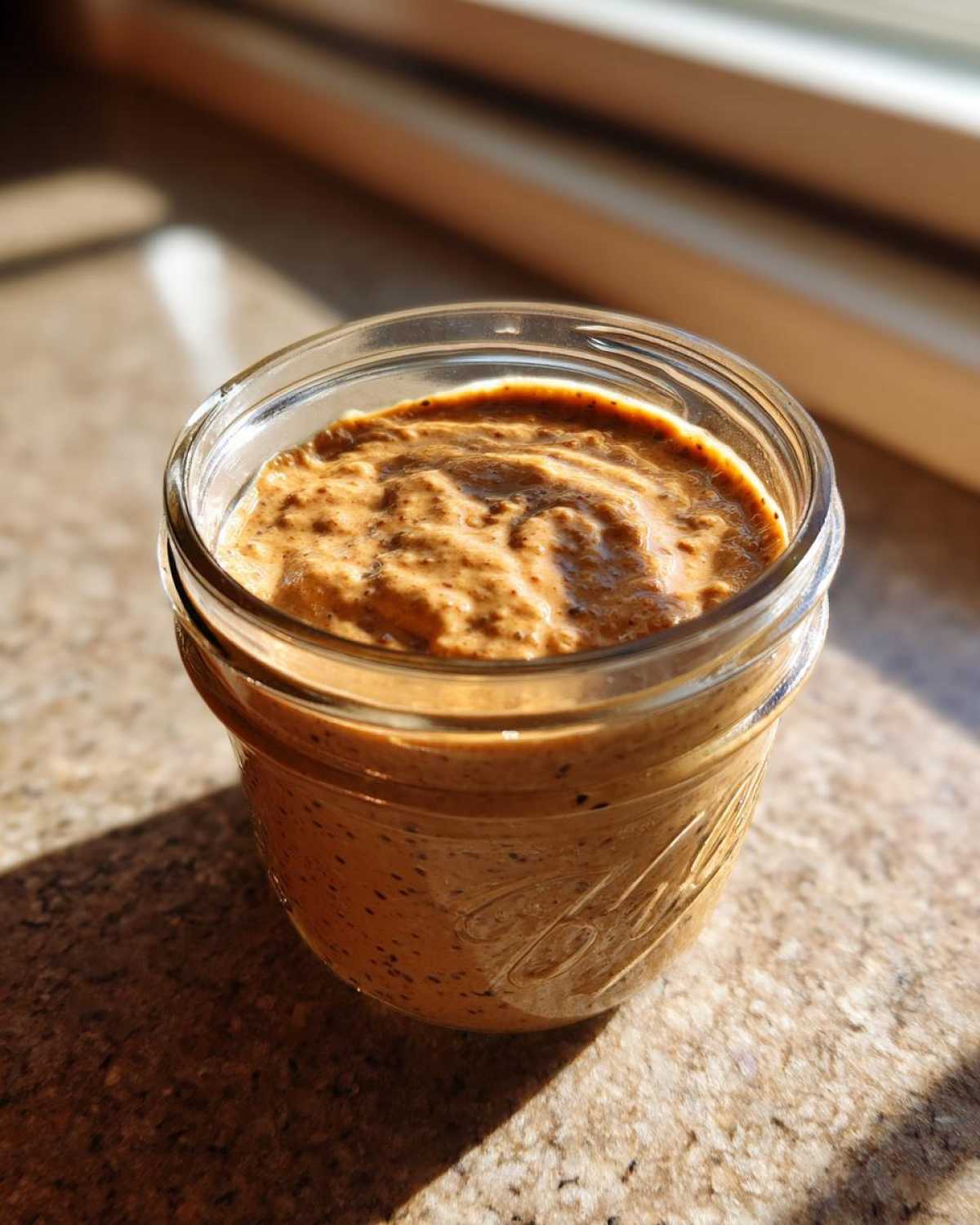 Close-up of thick High-Protein Peanut Butter Overnight Oats in a glass jar, catching sunlight.