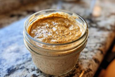 Close-up of creamy High-Protein Peanut Butter Overnight Oats mixed with chia seeds in a glass jar.