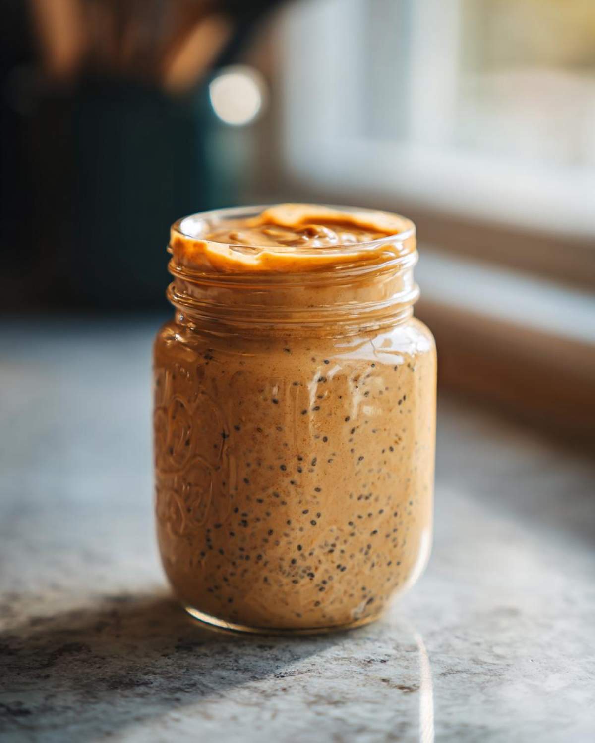 Close-up of High-Protein Peanut Butter Overnight Oats with visible chia seeds, topped with peanut butter.