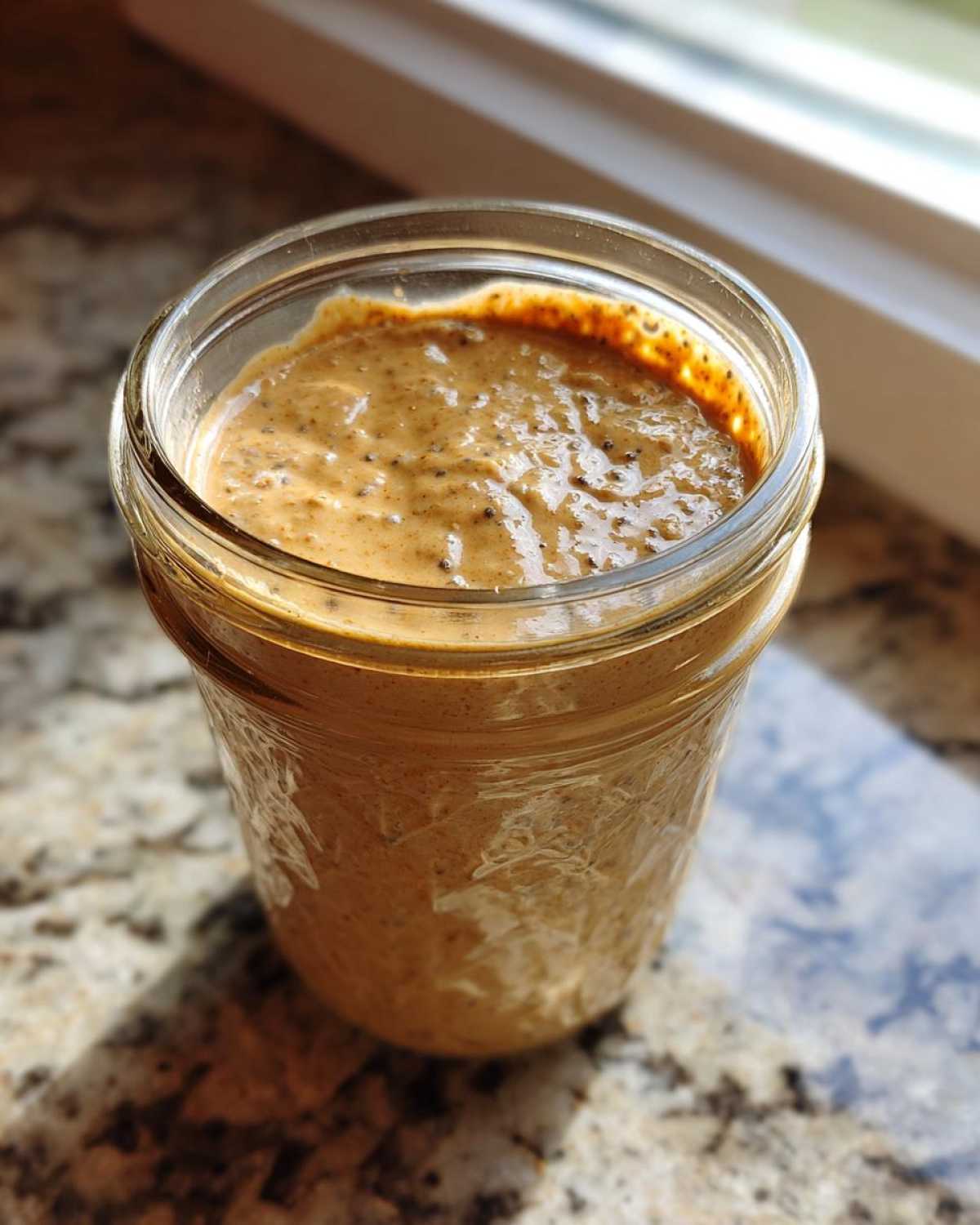 Close-up of creamy High-Protein Peanut Butter Overnight Oats mixture in a glass jar.