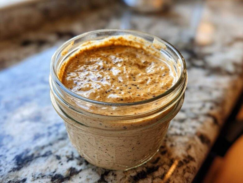 Close-up of creamy High-Protein Peanut Butter Overnight Oats mixed with chia seeds in a glass jar.