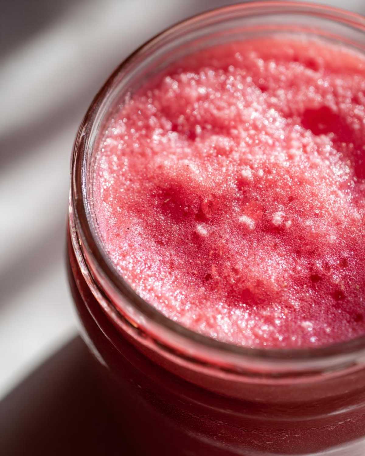 Close-up, overhead shot of vibrant pink Homemade Strawberry Lemonade Concentrate in a glass jar.