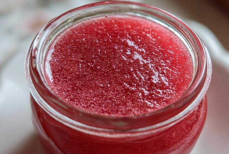 Close-up of vibrant red Homemade Strawberry Lemonade Concentrate filling a glass jar.