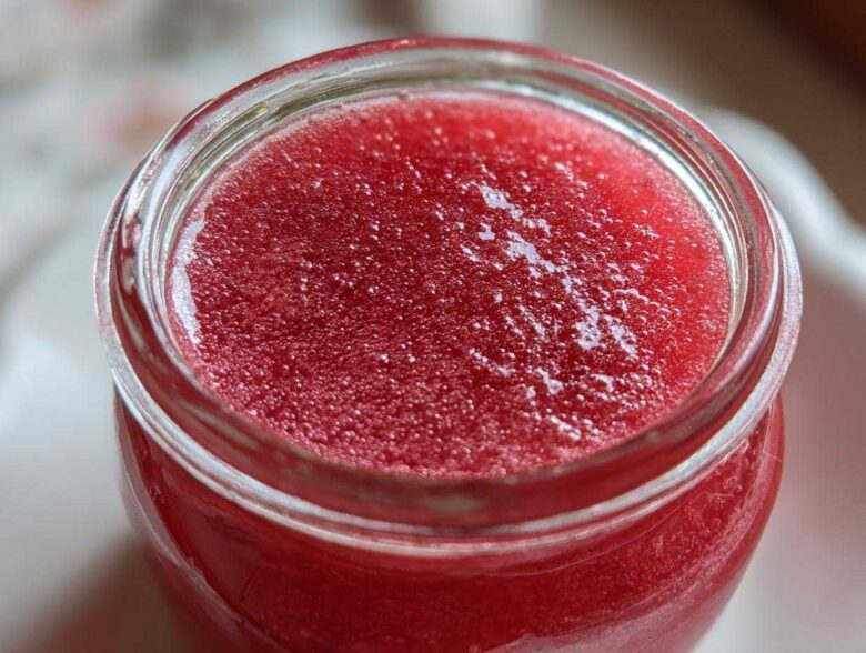 Close-up of vibrant red Homemade Strawberry Lemonade Concentrate filling a glass jar.