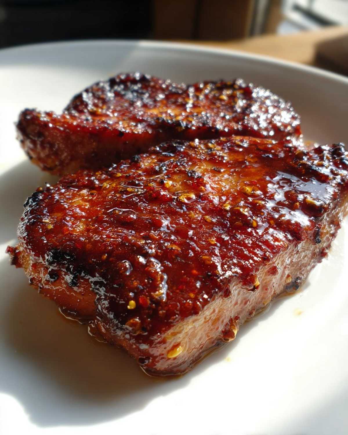 Two thick slices of Honey Glazed Ham Steak in the Skillet, coated in a thick, shiny, caramelized glaze.