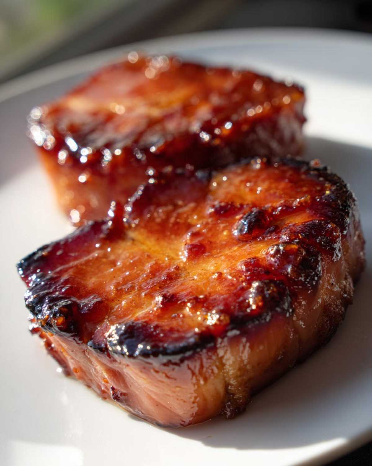 Close-up of two glistening Honey Glazed Ham Steak in the Skillet with a caramelized, dark honey coating.