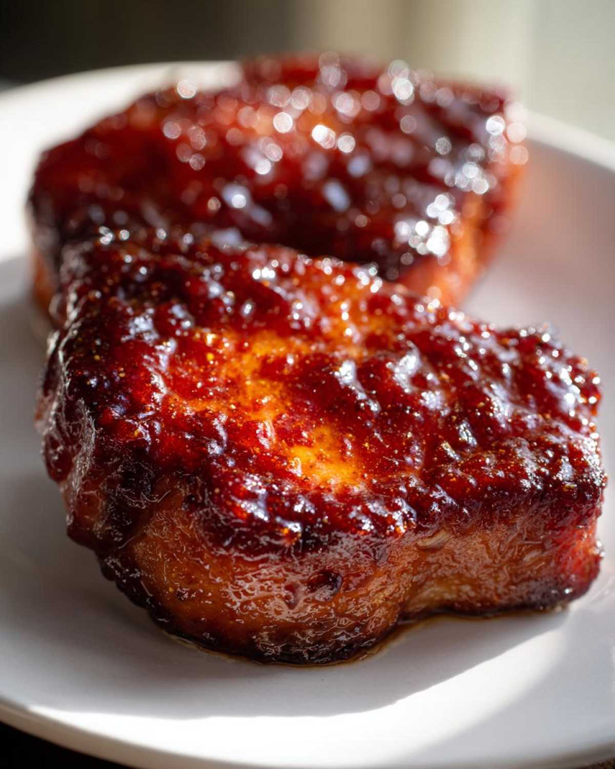 Close-up of two thick Honey Glazed Ham Steak in the Skillet pieces coated in a shiny, dark amber glaze.