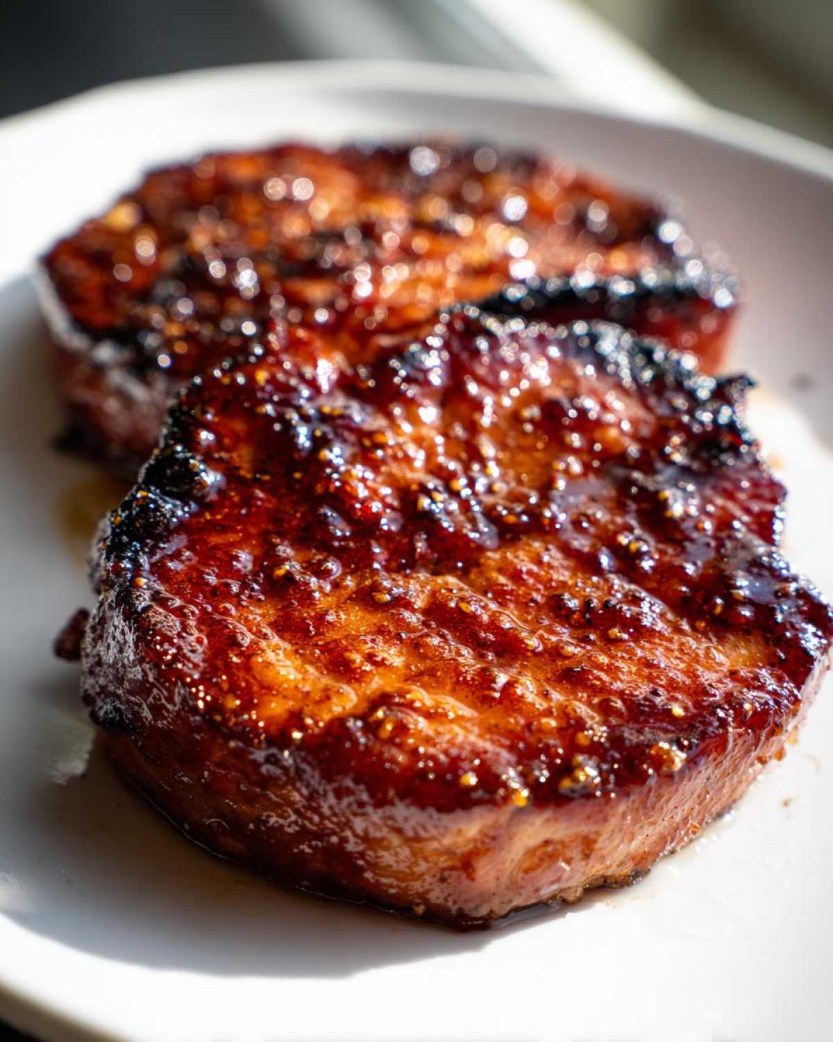 Two glistening Honey Glazed Ham Steak in the Skillet pieces resting on a white plate, showing a dark, caramelized exterior.