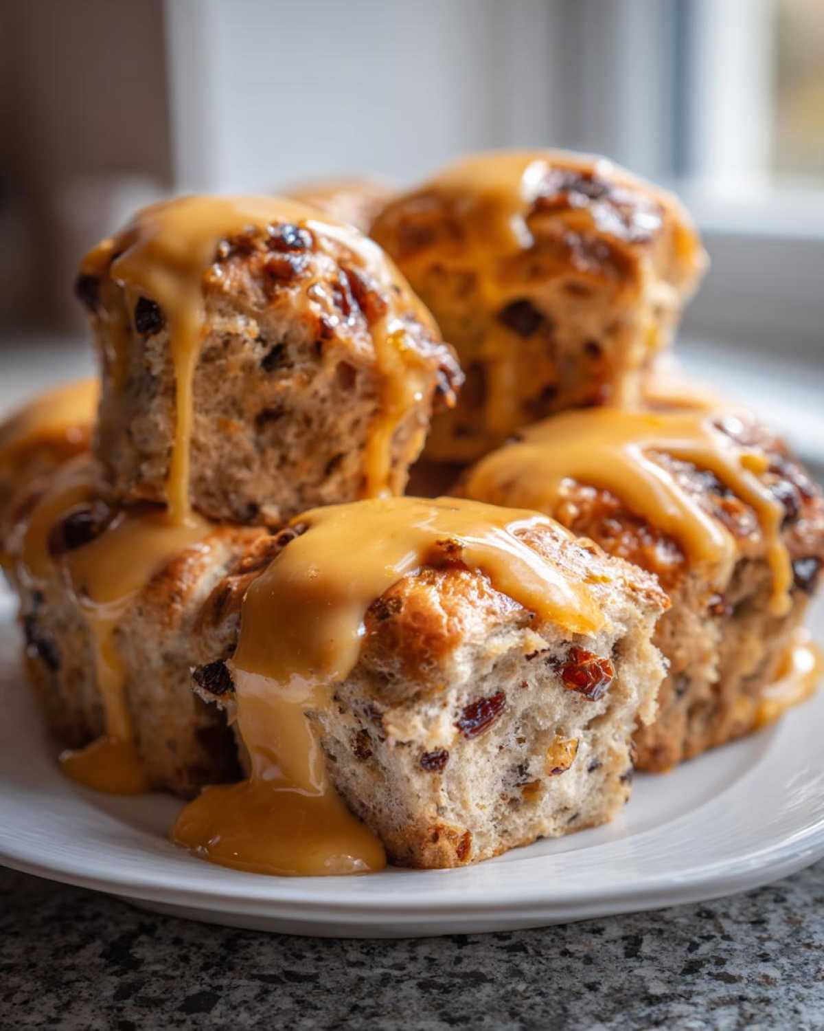 Close-up of several Hot Cross Buns with Orange Glaze generously drizzled over them, piled on a white plate.