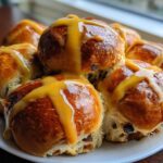 A plate piled high with freshly baked Hot Cross Buns with Orange Glaze drizzled generously over the tops.