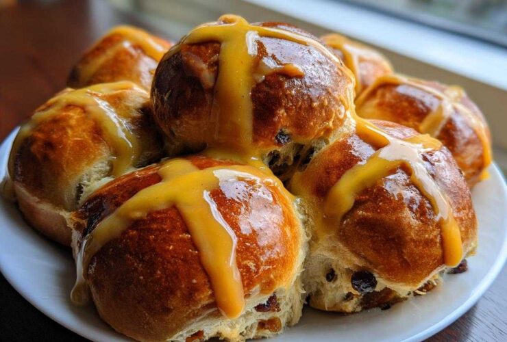 A plate piled high with freshly baked Hot Cross Buns with Orange Glaze drizzled generously over the tops.