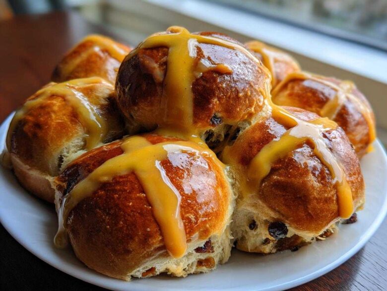 A plate piled high with freshly baked Hot Cross Buns with Orange Glaze drizzled generously over the tops.