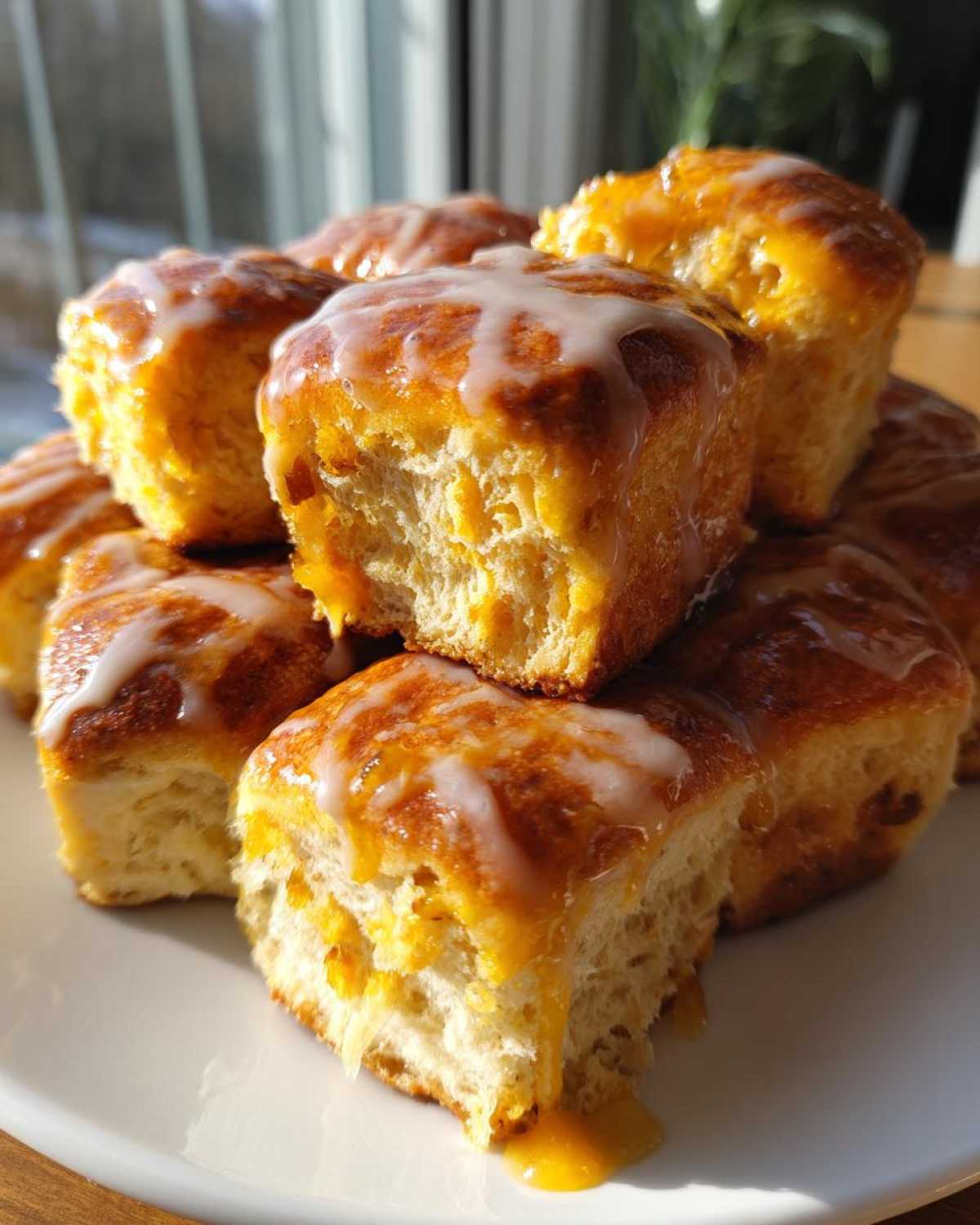 A stack of freshly baked Hot Cross Buns with Orange Glaze, showing a soft interior and dripping glaze.