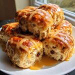 A stack of freshly baked Hot Cross Buns with Orange Glaze drizzled generously over them, pooling slightly on the white plate.