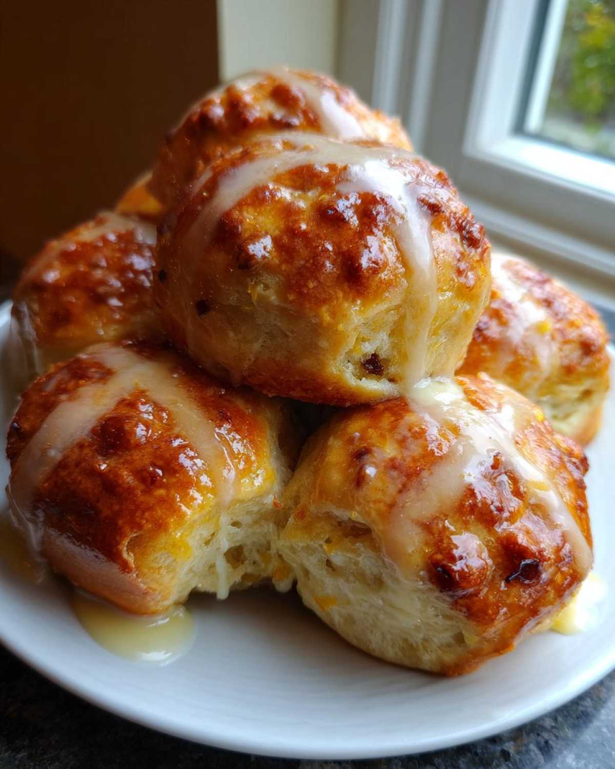 A stack of freshly baked Hot Cross Buns with Orange Glaze drizzling down the sides onto a white plate.