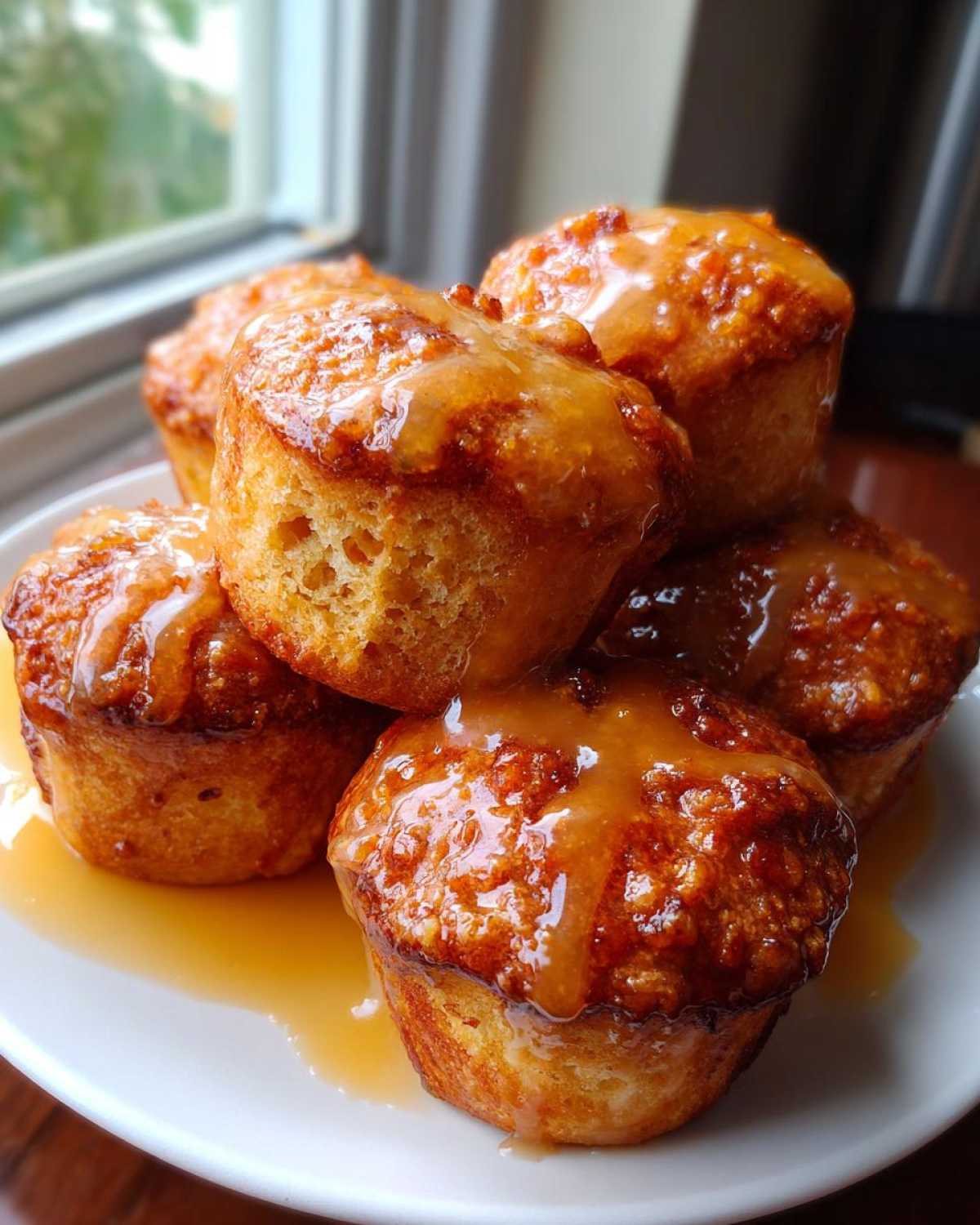 A stack of golden baked Hot Cross Buns with Orange Glaze, generously drizzled with sticky orange glaze, sitting on a white plate.