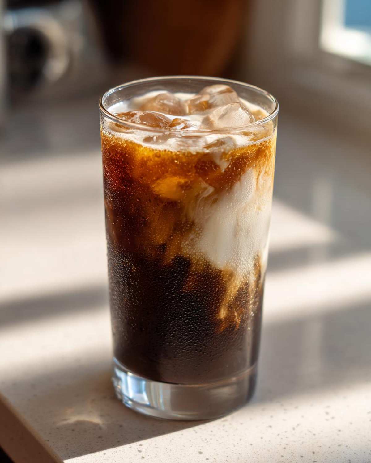 Close-up of a tall glass containing an Iced Honey Almond Milk Latte with dark coffee swirling into white almond milk and ice cubes.