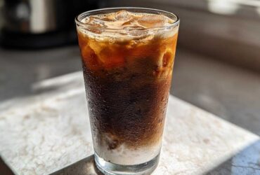 A tall glass of Iced Honey Almond Milk Latte showing layers of dark coffee, ice, and white almond milk at the bottom.
