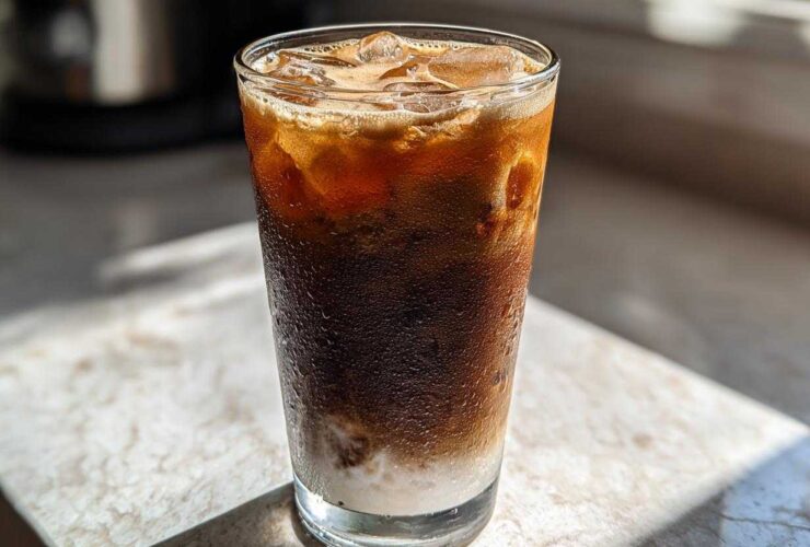 A tall glass of Iced Honey Almond Milk Latte showing layers of dark coffee, ice, and white almond milk at the bottom.