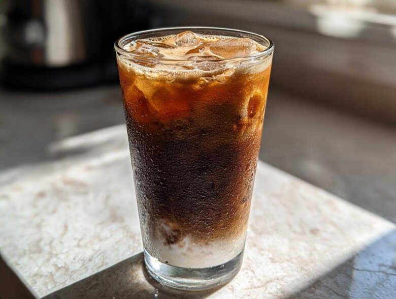 A tall glass of Iced Honey Almond Milk Latte showing layers of dark coffee, ice, and white almond milk at the bottom.
