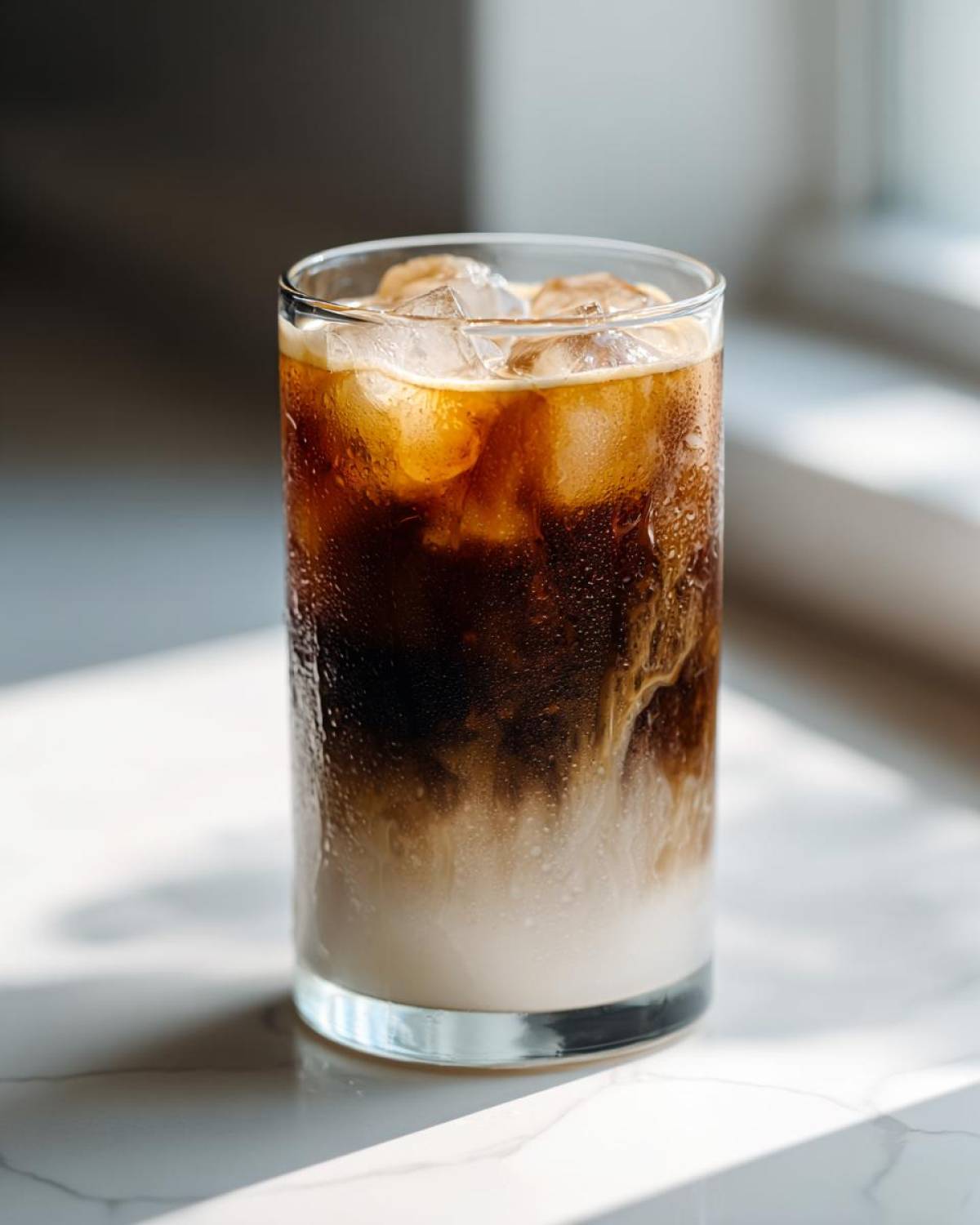 A tall glass of Iced Honey Almond Milk Latte showing layers of dark espresso mixing with white almond milk and ice.