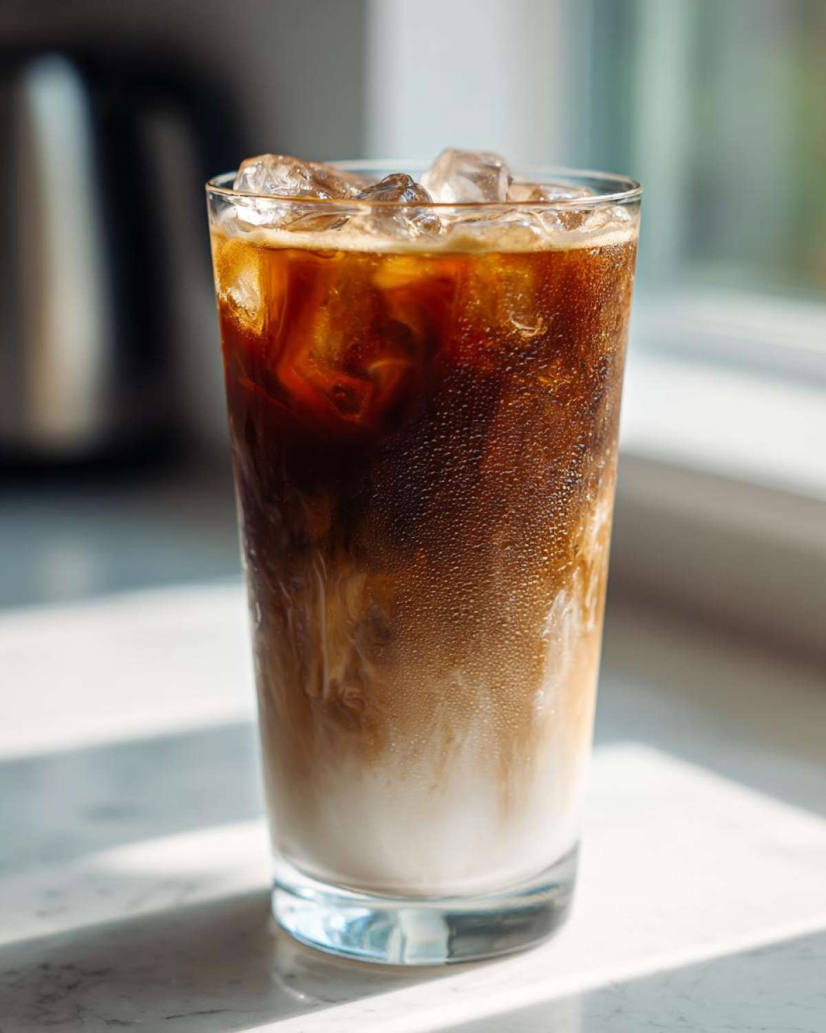 A tall glass showing the layers of an Iced Honey Almond Milk Latte mixing, topped with ice cubes.
